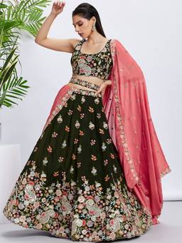 Panchhi - Olive Sequins and Embroidery Semi-Stitched Lehenga-Blouse with Dupatta and Belt (Set of 4)