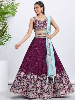 Panchhi - Burgundy Sequins- Embroidery Semi-Stitched Lehenga-Blouse with Dupatta and Belt (Set of 4)