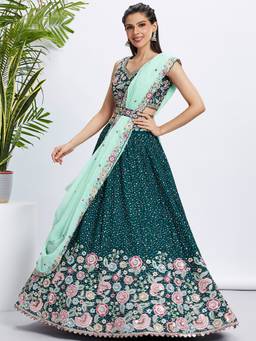 Panchhi - Green Sequins- Embroidery Semi-Stitched Lehenga-Blouse with Dupatta and Belt (Set of 4)