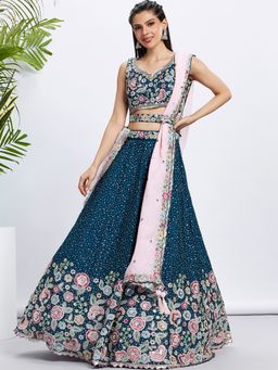 Panchhi - Navy Blue Sequins- Embroidery Semi-Stitched Lehenga-Blouse with Dupatta and Belt (Set of 4)