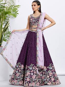 Panchhi - Purple Sequins- Embroidery Semi-Stitched Lehenga-Blouse with Dupatta and Belt (Set of 4)