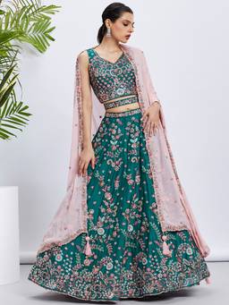 Panchhi - Green Sequins- Embroidery Semi-Stitched Lehenga-Blouse with Dupatta and Belt (Set of 4)
