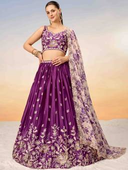 Panchhi - Burgundy Satin Sequins Embroidery Semi-Stitched Lehenga Choli and Dupatta (Set of 3)