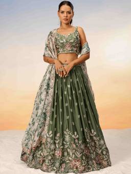 Panchhi - Olive Satin Sequins Embroidery Semi-Stitched Lehenga Choli and Dupatta (Set of 3)
