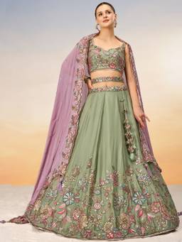 Panchhi - Green Mirror Embroidery Semi-Stitched Lehenga Blouse with Dupatta and Belt (Set of 4)