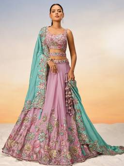 Panchhi - Pink Mirror with Embroidery Semi-Stitched Lehenga Choli with Dupatta and Belt (Set of 4)