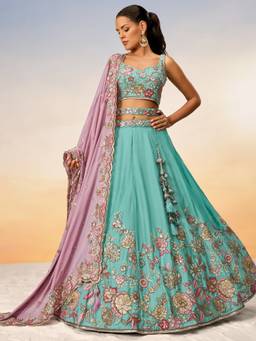 Panchhi - Turquoise Mirror Embroidery Semi-Stitched Lehenga Blouse with Dupatta and Belt (Set of 4)