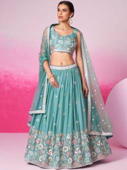Panchhi - Tuquoise Chiffon Sequins Embroidery Semi-Stitched Lehenga-Choli with Dupatta (Set of 3)