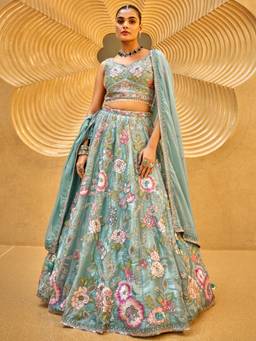 Panchhi - Sea Green Handwork Semi-Stitched Lehenga-Choli with Dupatta (Set of 3)