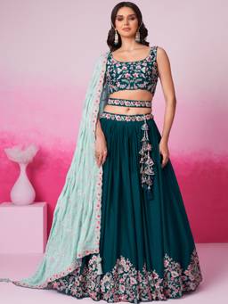 Panchhi - Teal Georgette Sequin Embroidery Semi-Stitched Lehenga-Choli with Dupatta (Set of 3)