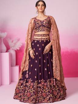 Panchhi - Burgundy Colour Sequins Embroidery Semi-Stitched Lehenga-Choli with Dupatta (Set of 3)