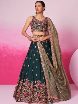Panchhi - Green Colour Chiffon Sequins Embroidery Semi-Stitched Lehenga-Choli with Dupatta (Set of 3)