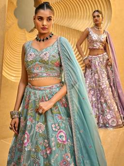 Panchhi - Green Sequins and Semi-Stitched Lehenga-Choli with Dupatta (Set of 3)