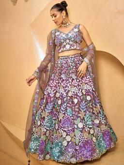 Panchhi - Lavender Sequins and Semi-Stitched Lehenga-Choli with Dupatta (Set of 3)