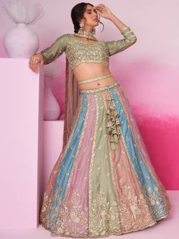 Panchhi - Green- Multi Sequins Embroidery Semi-Stitched Lehenga-Blouse with Dupatta (Set of 3)