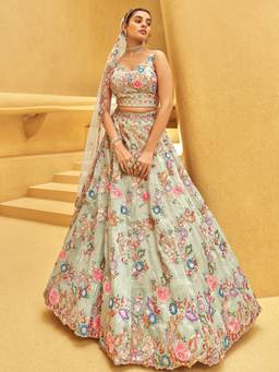 Panchhi - Lime Green Sequins Work Semi-Stitched Lehenga-Choli with Dupatta (Set of 3)