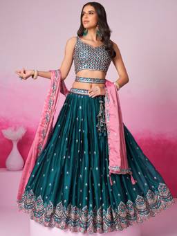 Panchhi - Teal Georgette Sequin Embroidery Semi-Stitched Lehenga-Choli with Dupatta (Set of 3)