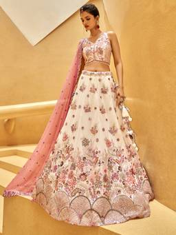 Panchhi - Cream Sequins Work Semi-Stitched Lehenga-Choli with Dupatta (Set of 3)
