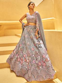 Panchhi - Grey Sequins Work Semi-Stitched Lehenga-Choli with Dupatta (Set of 3)