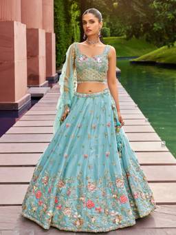 Panchhi - Turquoise Handwork Semi-Stitched Lehenga-Choli with Dupatta (Set of 3)