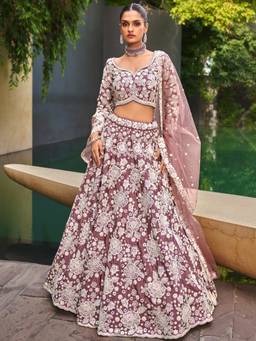 Panchhi - Mauve Fabric Sequins and Embroidery Work Semi-Stitched Lehenga-Choli with Dupatta (Set of 3)