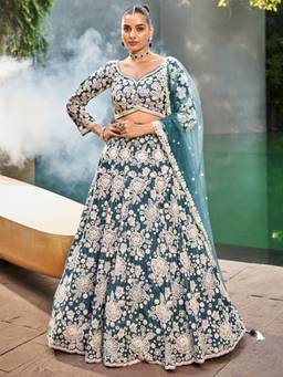 Panchhi - Teal Fabric Sequins and Moti Work Semi-Stitched Lehenga-Choli with Dupatta (Set of 3)