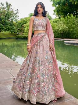 Panchhi - Pink Sequins and Mirror Work Semi-Stitched Lehenga Choli and Dupatta (Set of 3)