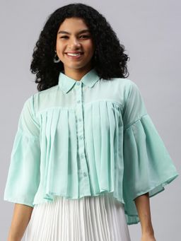 SHOWOFF - Women Collar Neck Flare Sleeves Pleated Green Top