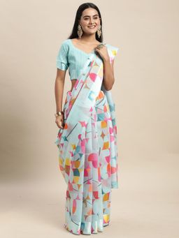 Sareemall - Linen Turquoise Printed Designer Saree With Unstitched Blouse
