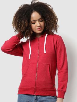 Campus Sutra - Women Red Zipper Sweatshirt With Hoodie