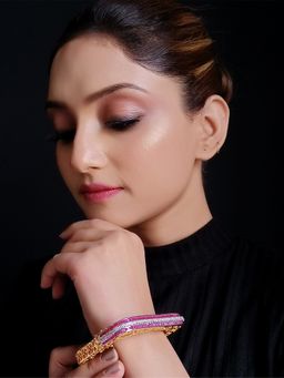 AG'S - Vijayanthi Majenta Stones Gold Plated American Diamond Bracelet