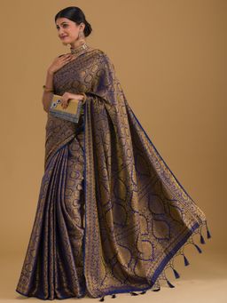 Koskii - Navy Blue Zariwork Art Silk Designer Saree with Unstitched Blouse