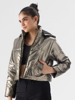 The Souled Store - Originals : Dark Silver Puffer Jacket Women Puffer Jacket