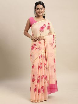 Odette - Linen Blend Peach Printed Saree with Unstitched Blouse