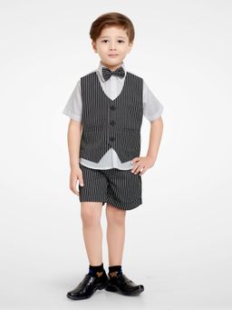 Jeetethnics - Boys Black Striped Waistcoat Cum Shirt With Shorts (Set of 3)