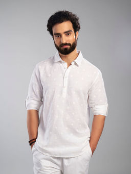 KINGDOM OF WHITE - Zellige Mens Shirt Linen Cotton with Elegant Print Kent Collar