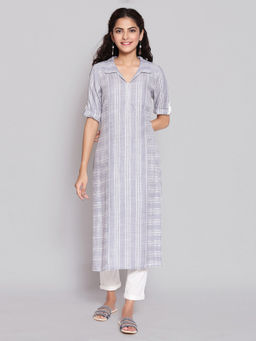 Aurelia - Dusty Blue Shirt Collar Straight Kurta
