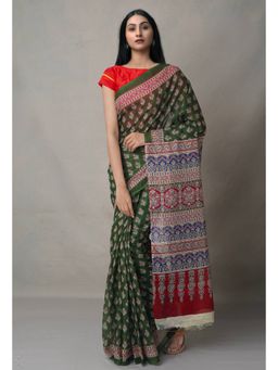 Unnati Silks - Green Pure Block Printed Cotton Saree with Unstitched Blouse