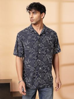 RIGO - Men Navy Blue Tropical Print Cuban Collar Rayon Shirt