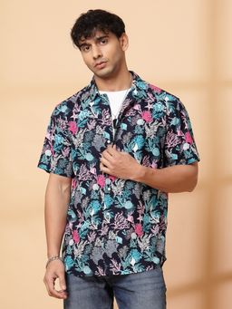 RIGO - Men Navy Blue Tropical Print Cuban Collar Rayon Shirt