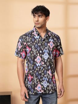 RIGO - Men Black Ikat Print Cuban Collar Rayon Shirt