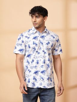 RIGO - Men White Coastal Print Half Sleeve Cotton Shirt