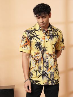 RIGO - Men Yellow Animal Print Half Sleeve Cotton Shirt