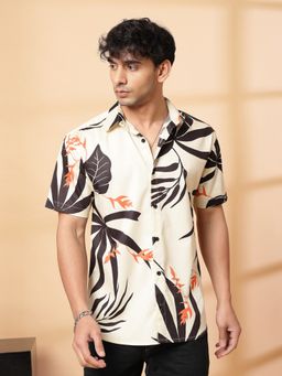 RIGO - Men Beige Abstract Print Half Sleeve Cotton Shirt