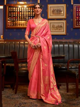 Akhilam - Womens Silk Blend Pink Woven Design Designer Saree with Unstitched Blouse