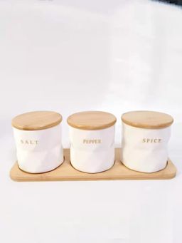 UMAI - Set Of 3 Pcs Ceramic Canister Small 300ML Bamboo Lids with Tray-White