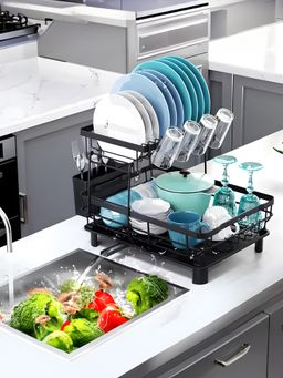 UMAI - 2 Tier Iron With Utensils Basket Drainer Black Kitchen Rack