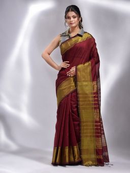 CHARUKRITI - Maroon Blended Cotton Handwoven Soft Temple Border Saree with Unstitched Blouse