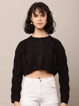 NOBARR - Acrylic Full Sleeve with Round Neck Black Crop Sweater