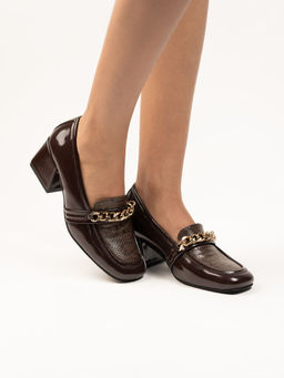 Theater - Women Donna's Brown Patent Textured Block Heels Loafers